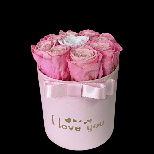 Melírované ruže v boxe s nápisom I love you