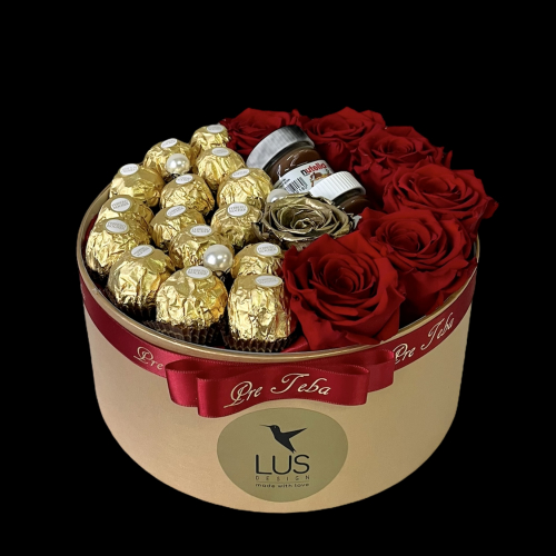 Exkluzívny zlatý darčekový box s červenými trvácnymi ružami