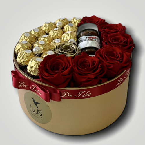 Exkluzívny zlatý darčekový box s červenými trvácnymi ružami