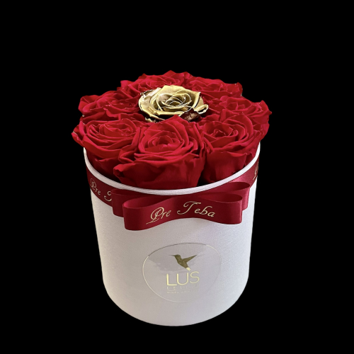 Luxusný biely flower box s veľkými červenými ružami