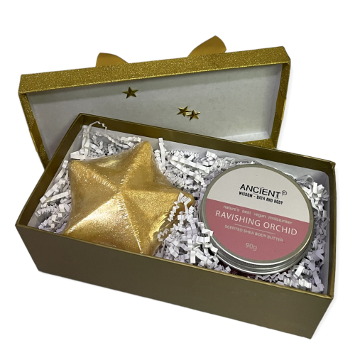Zlatá vianočná krabička s telovým maslom a penivou hviezdou do kúpeľa