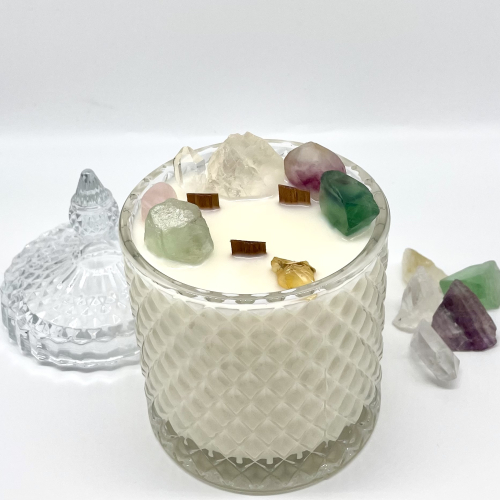Veľká, luxusná sójová sviečka s Krištáľom, Fluoritom a Citrínom, 480g