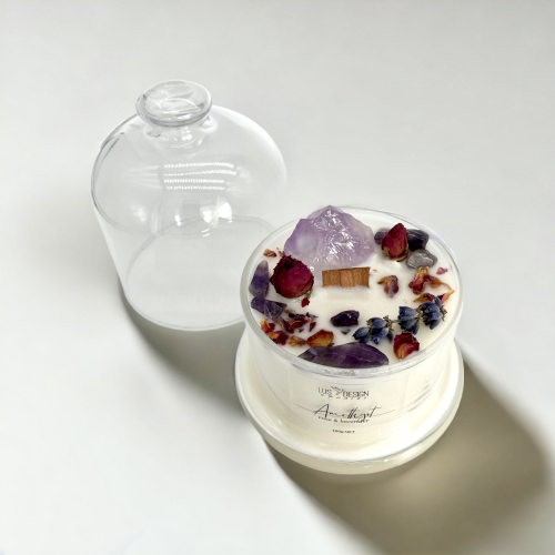 Luxusná sójová sviečka v sklenenej dóze, so vzácnym Amestystom